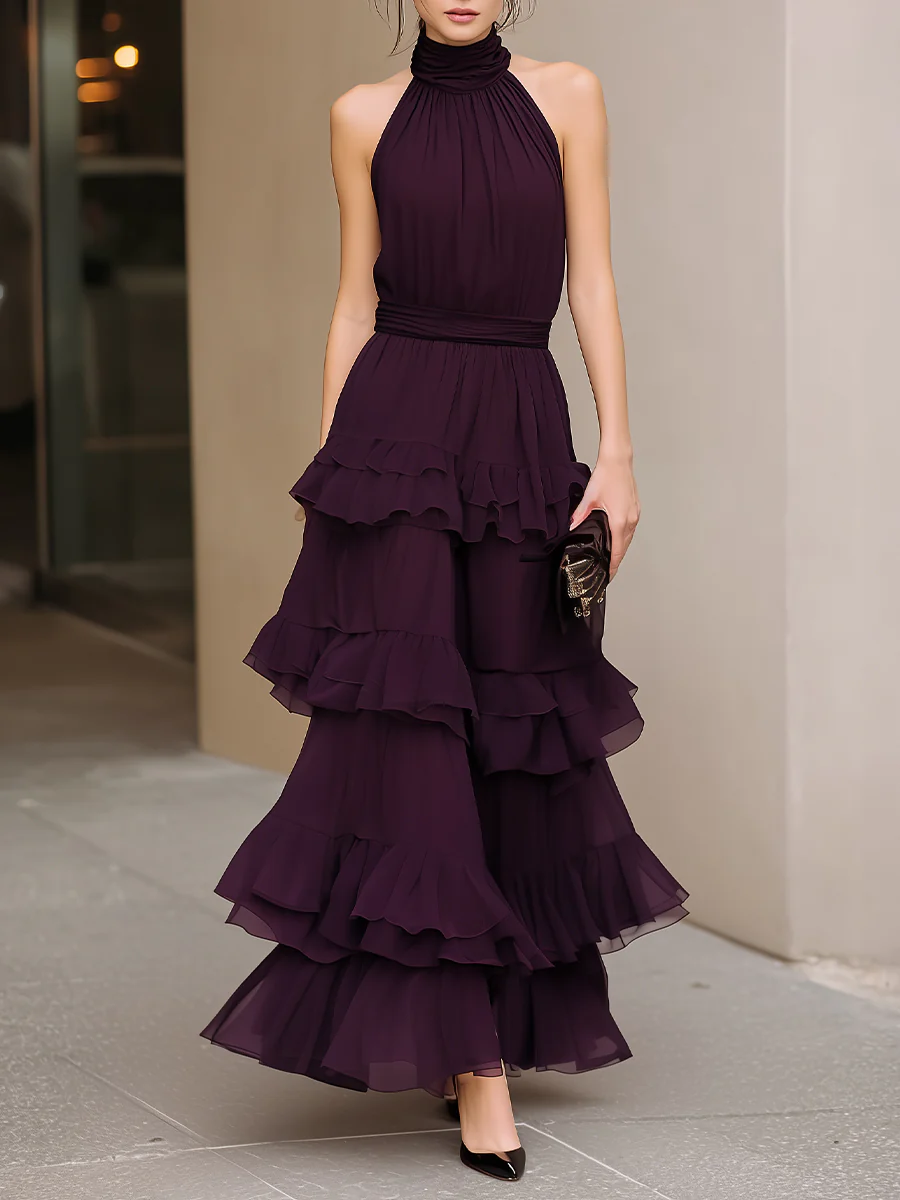 Structured Halter Neck Tiered Ruffle Maxi Dress