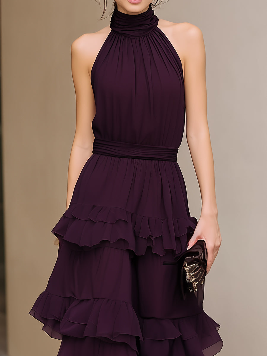 Structured Halter Neck Tiered Ruffle Maxi Dress