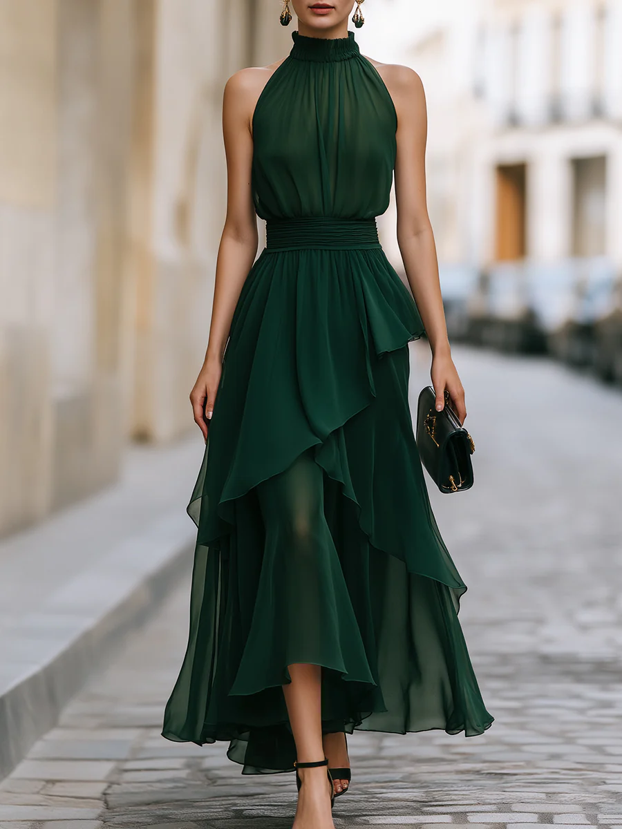 Elegant Halter Neck Layered Chiffon Midi Dress