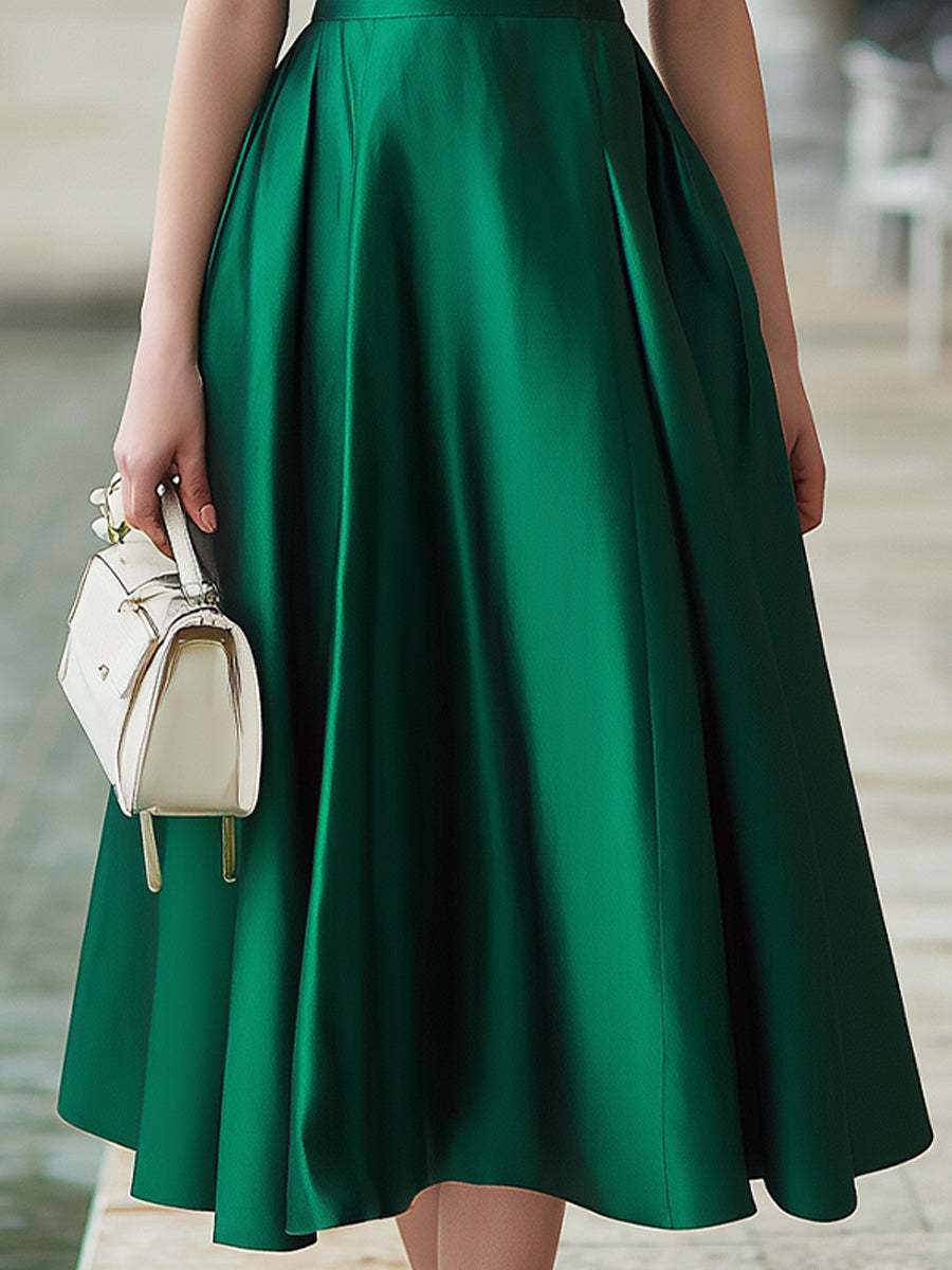 Off-Shoulder Satin A-Line Midi Dress