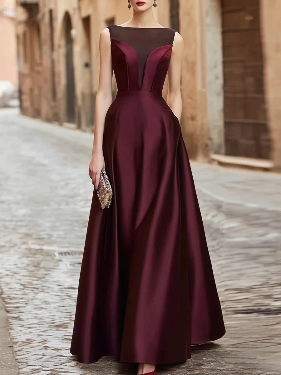 Illusion Neck Satin A-Line Evening Gown