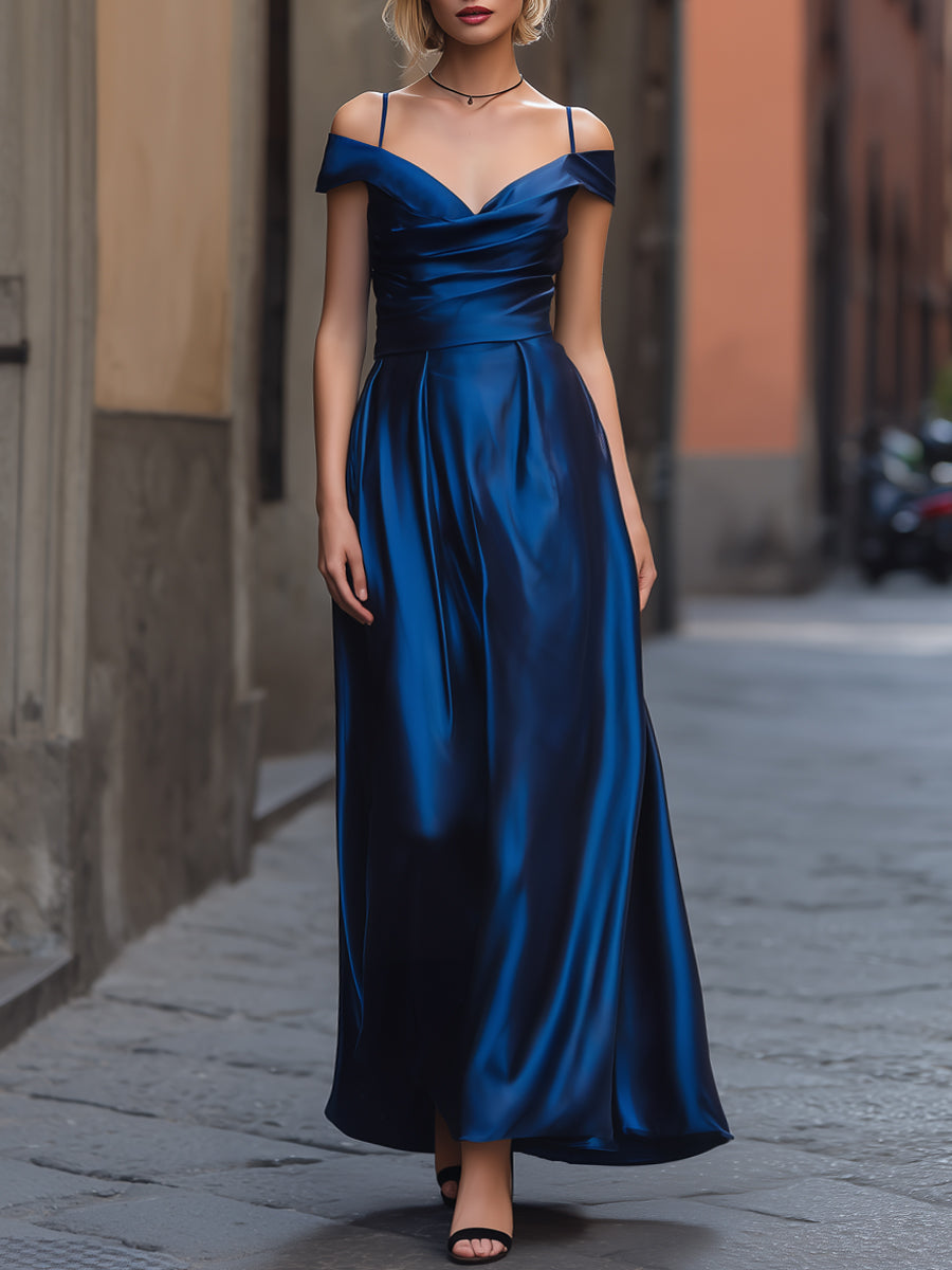 Off-Shoulder Satin A-Line Maxi Dress