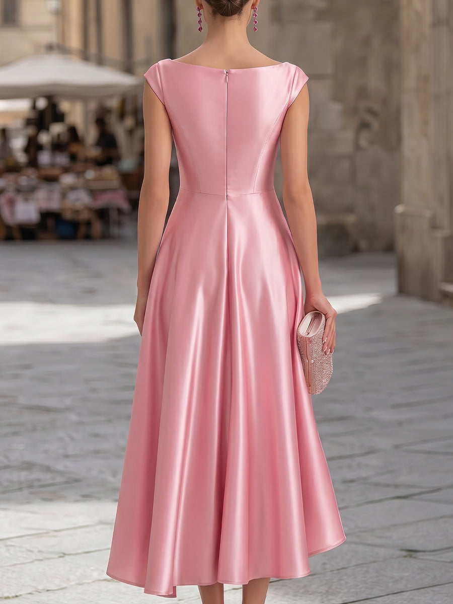 Bateau Neck Satin High-Low A-Line Midi Dress