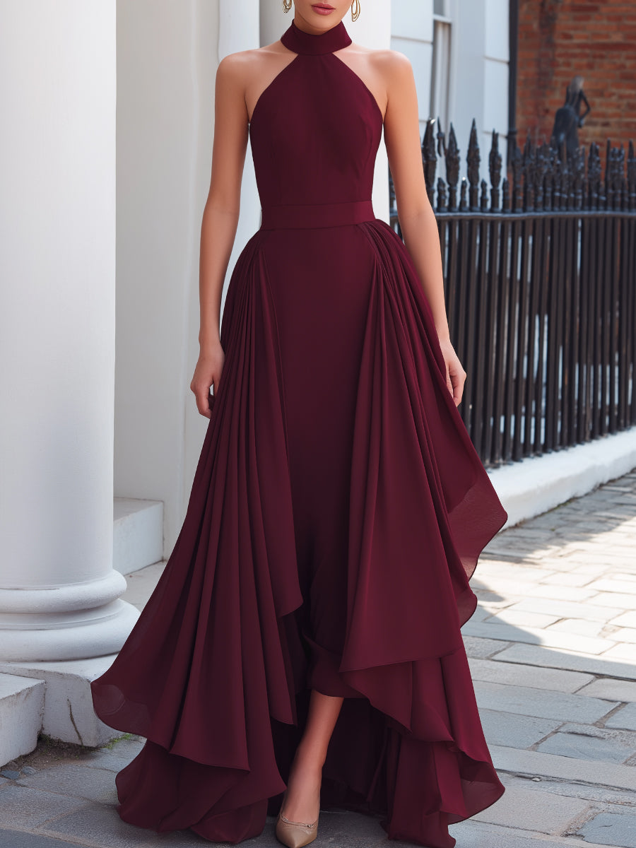 Halter Neck High-Low Chiffon Maxi Dress