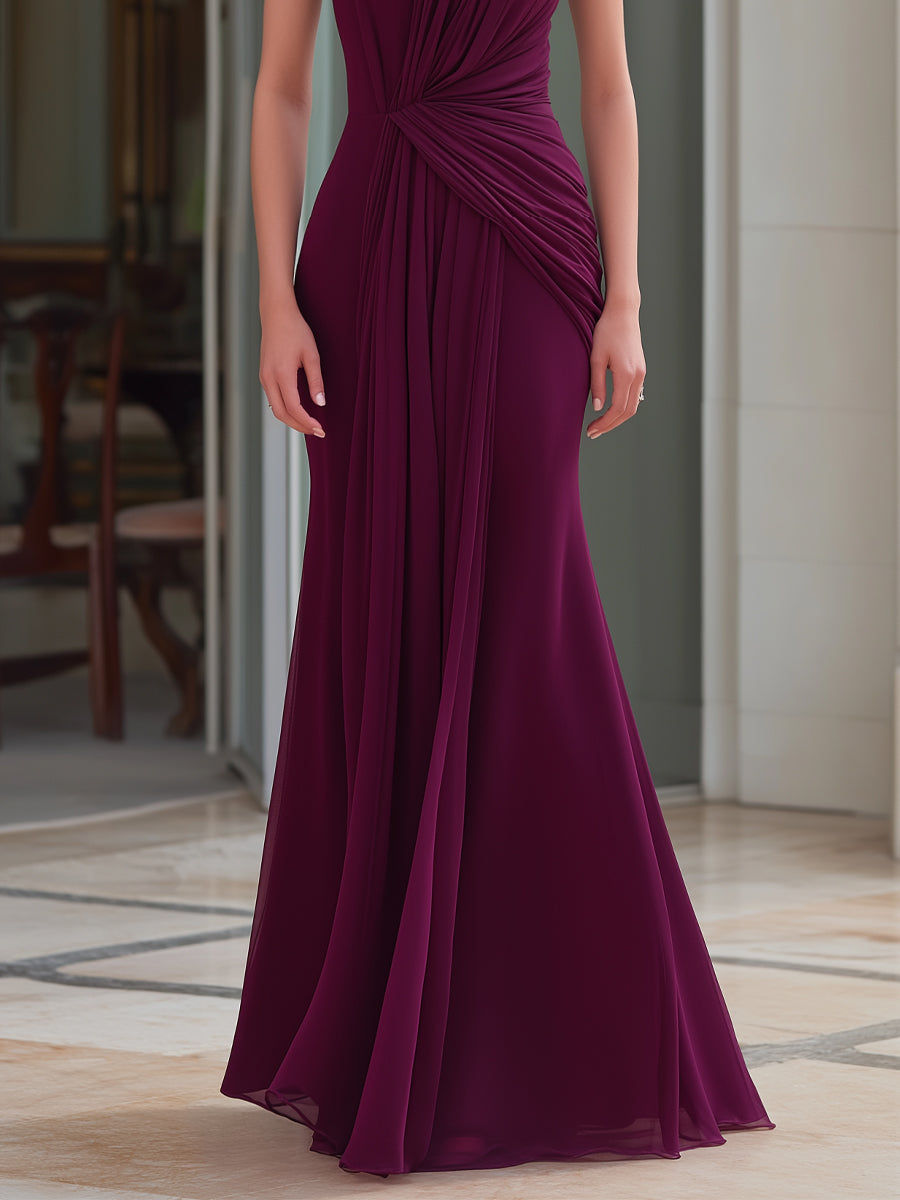 Waist-Gathered Draped Mock Neck Mermaid Maxi Dress