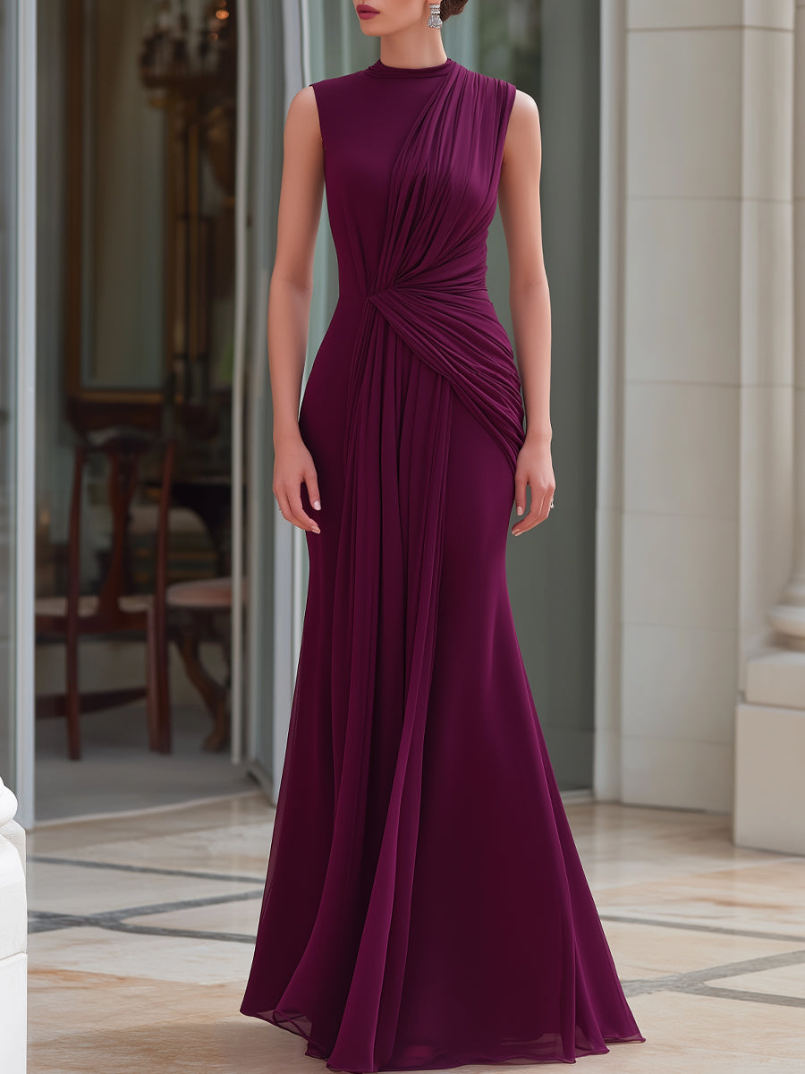 Waist-Gathered Draped Mock Neck Mermaid Maxi Dress