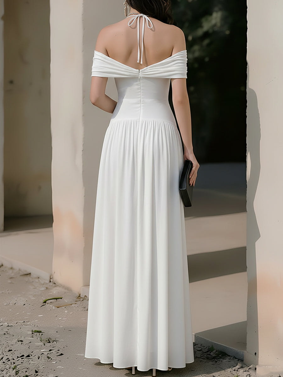 Halter-Off-Shoulder Twist-Front Gathered-Waist Maxi Dress