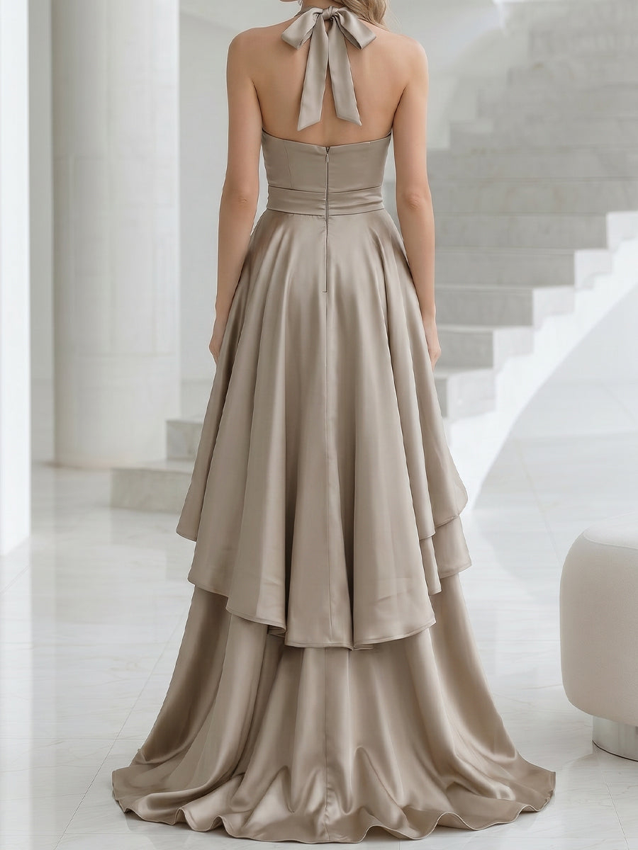Halter Wrap Satin Layered High-Low Gown