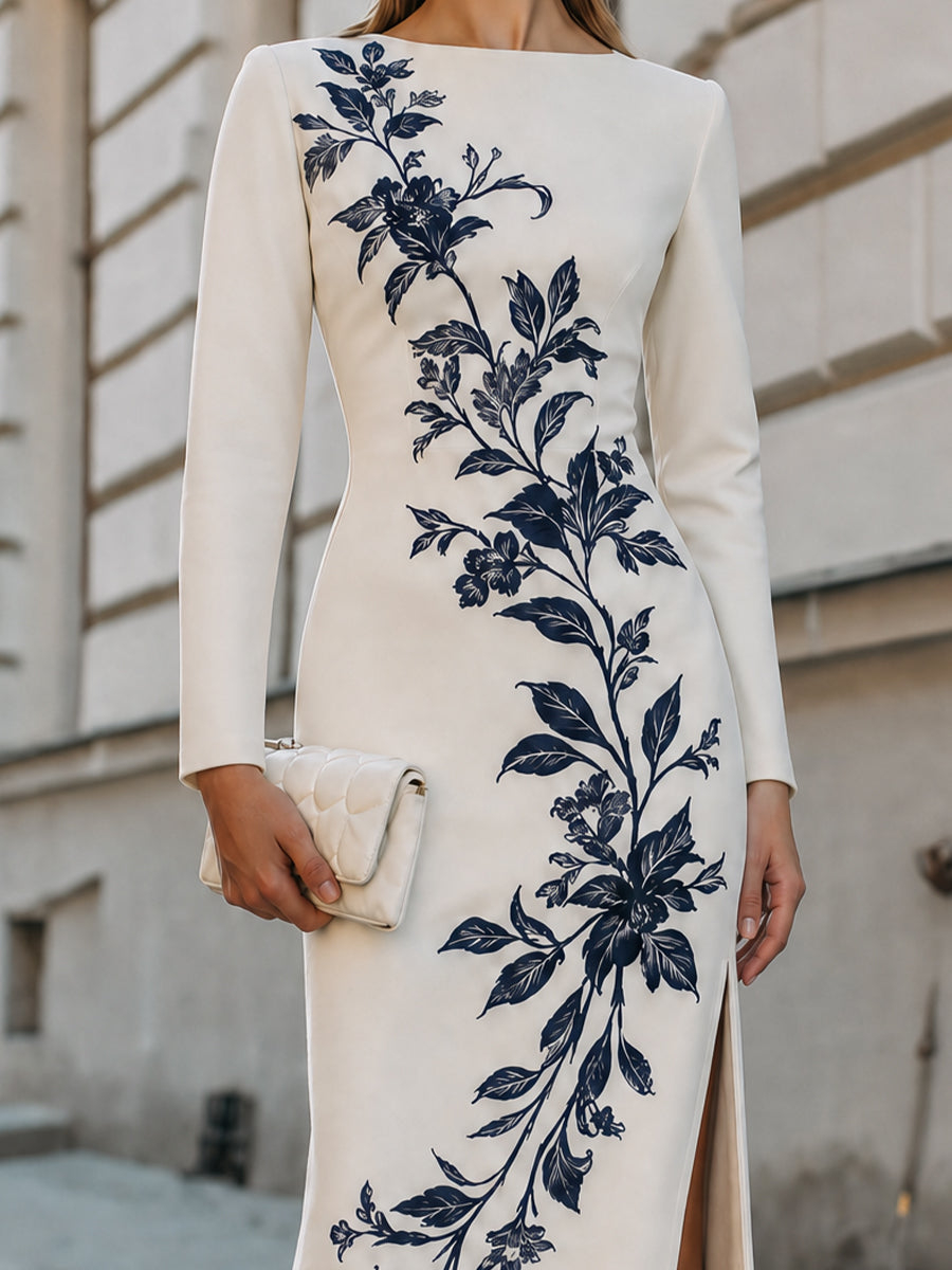 Botanical Print Long Sleeve Sheath Midi Dress