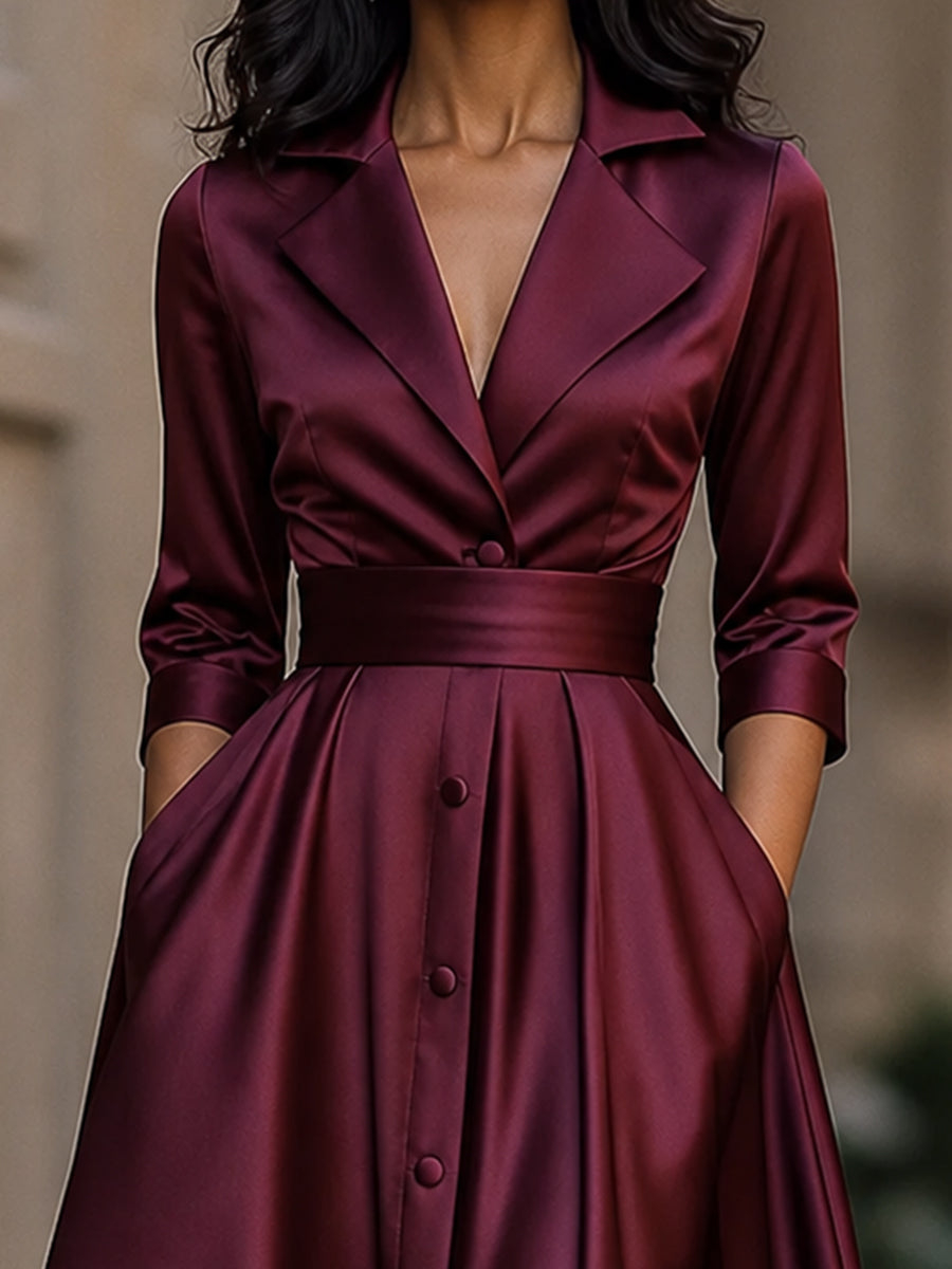 Elegant Satin Notched-Lapel Button-Front A-Line Midi Dress