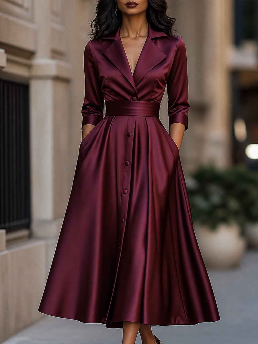 Elegant Satin Notched-Lapel Button-Front A-Line Midi Dress