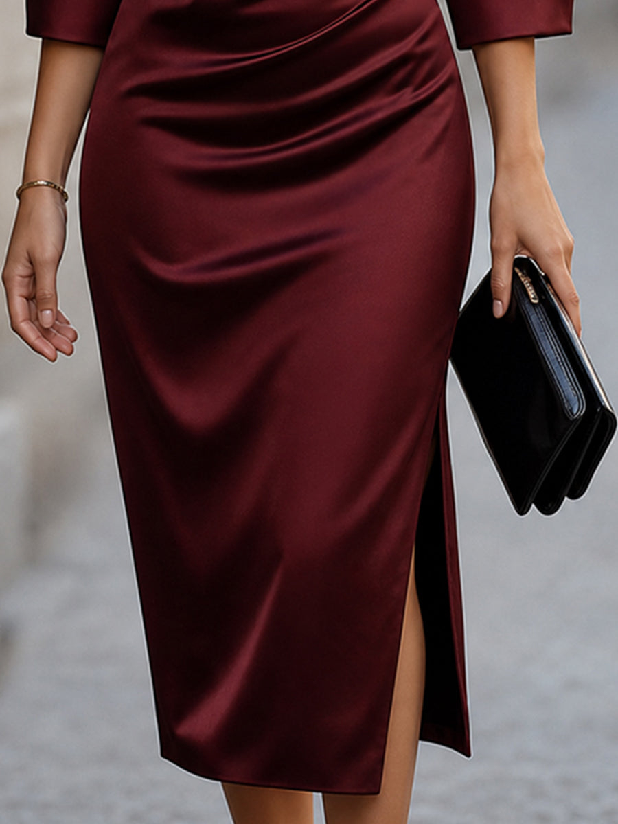 Satin Collared Ruched Bodycon Midi Dress