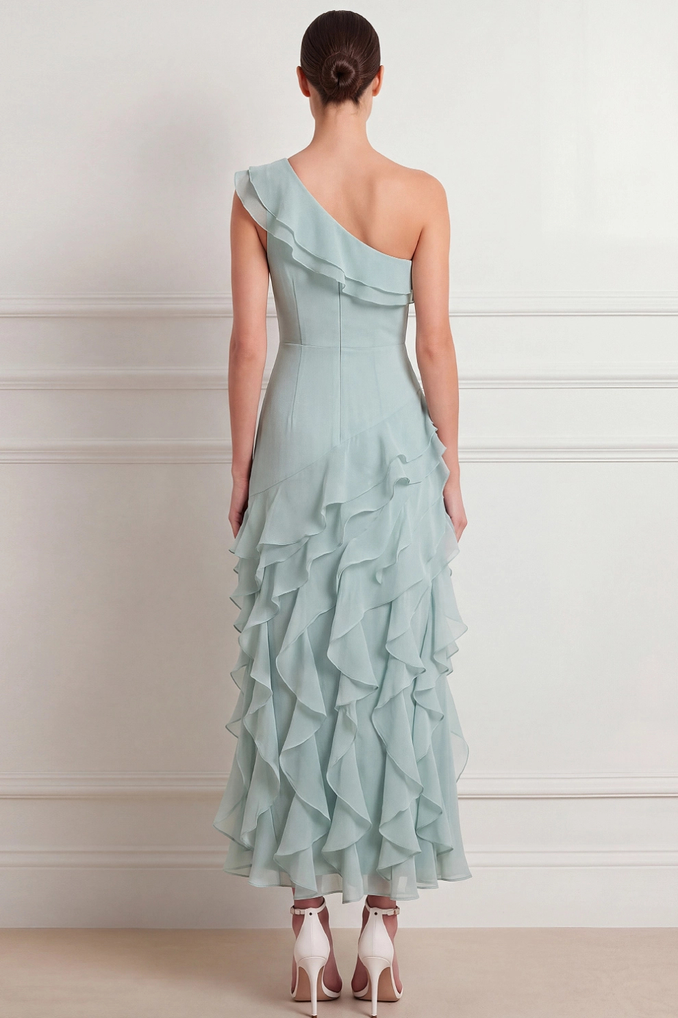 Lake Blue One Shoulder A-Line with Ruffle Maxi Dress