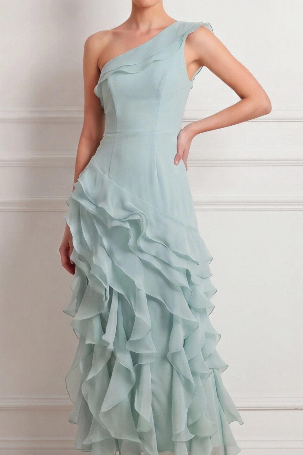 Lake Blue One Shoulder A-Line with Ruffle Maxi Dress