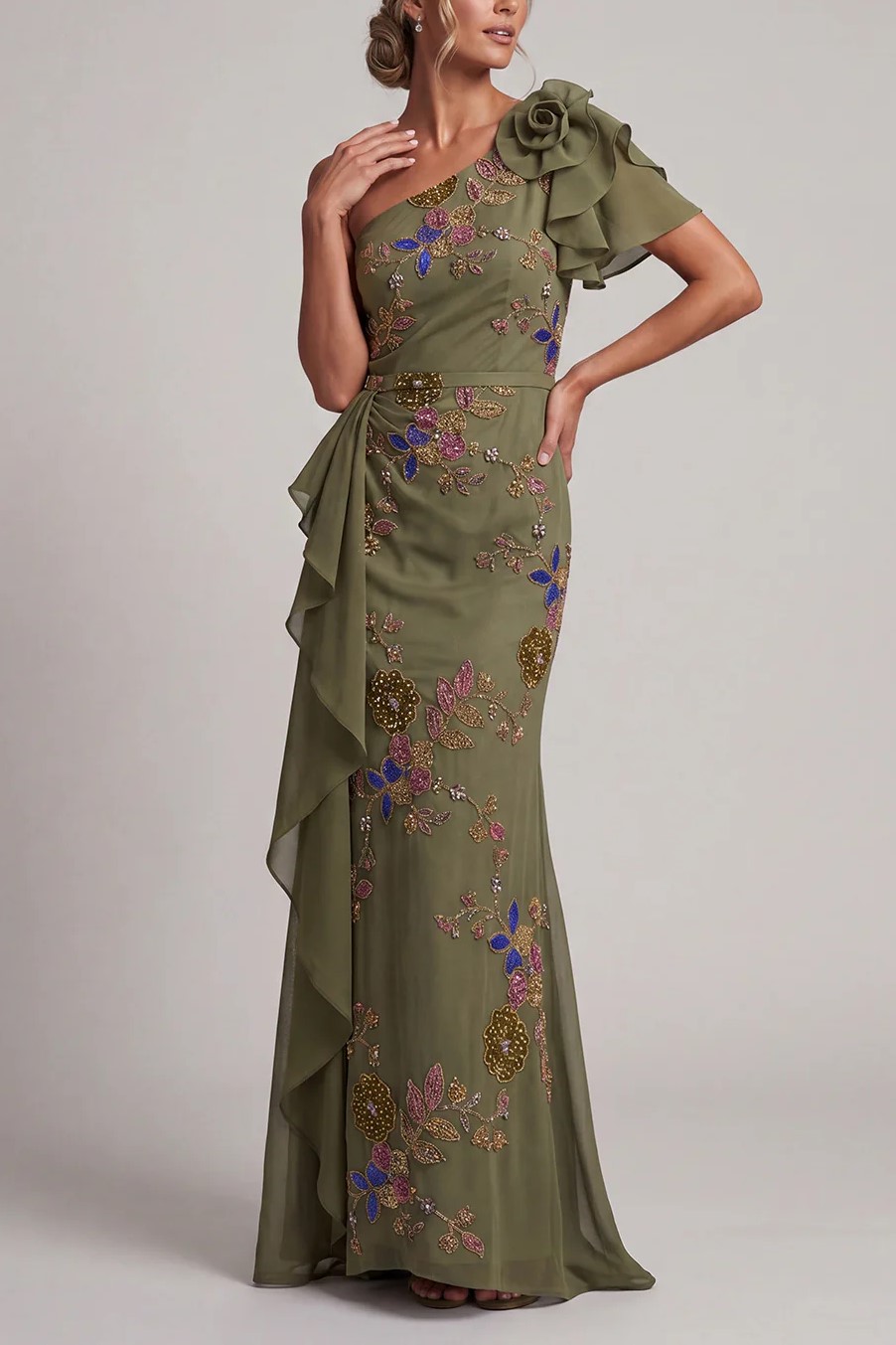 Mermaid Beaded Olive Long Floral  with Ruffles Maxi Dress
