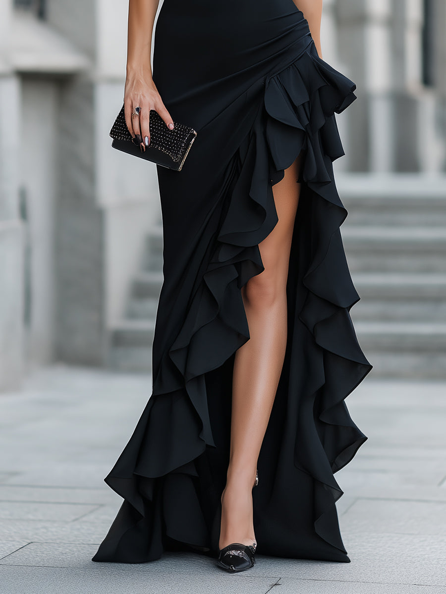 Asymmetric Black One-Shoulder Ruffle Slit Evening Dress