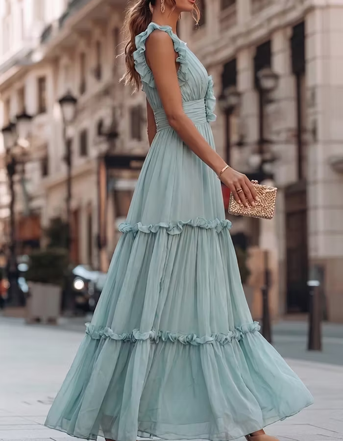 Light Blue Chiffon Ruffled Layered Maxi Dress
