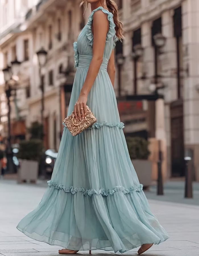 Light Blue Chiffon Ruffled Layered Maxi Dress