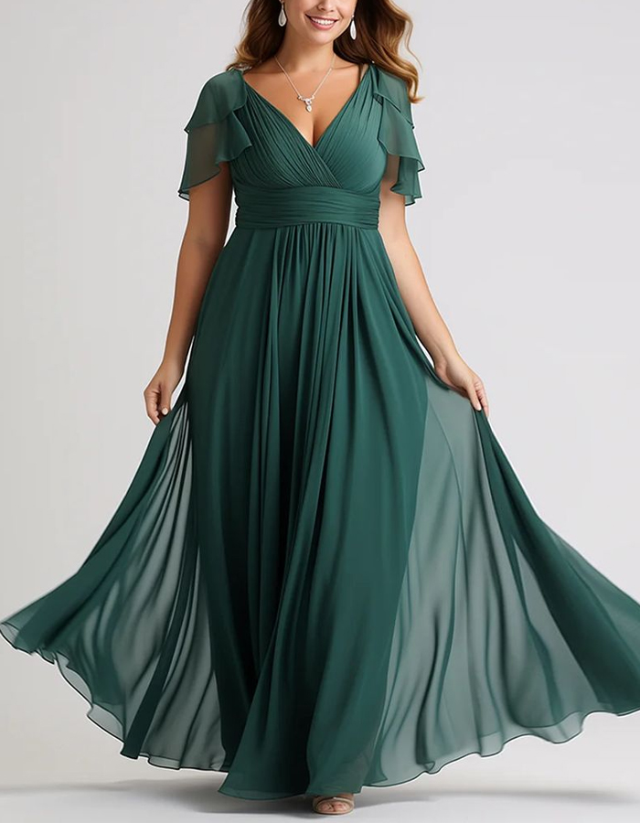 Dark Green Chiffon V-Neck Flutter Sleeves And Fitted Waist Maxi Dress