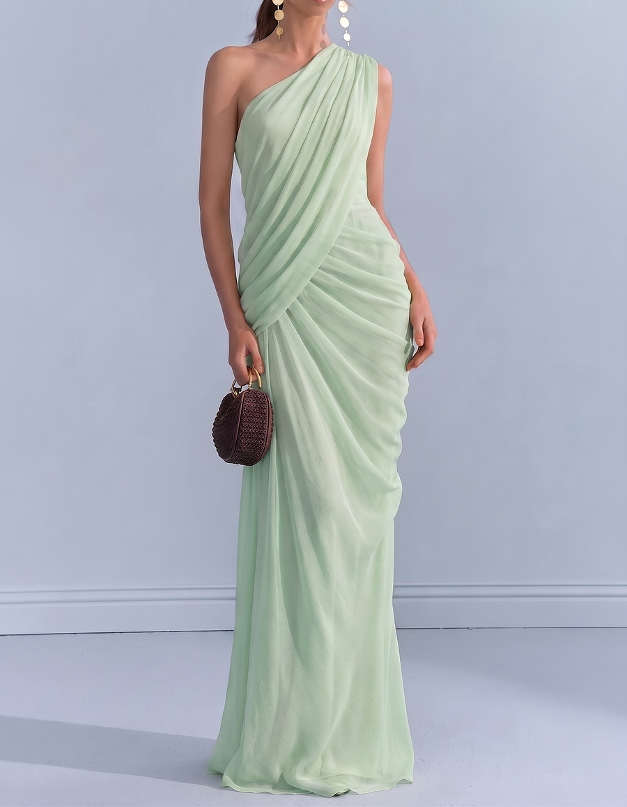 Chiffon One-Shoulder Fitted Waist Fishtail Maxi Dress