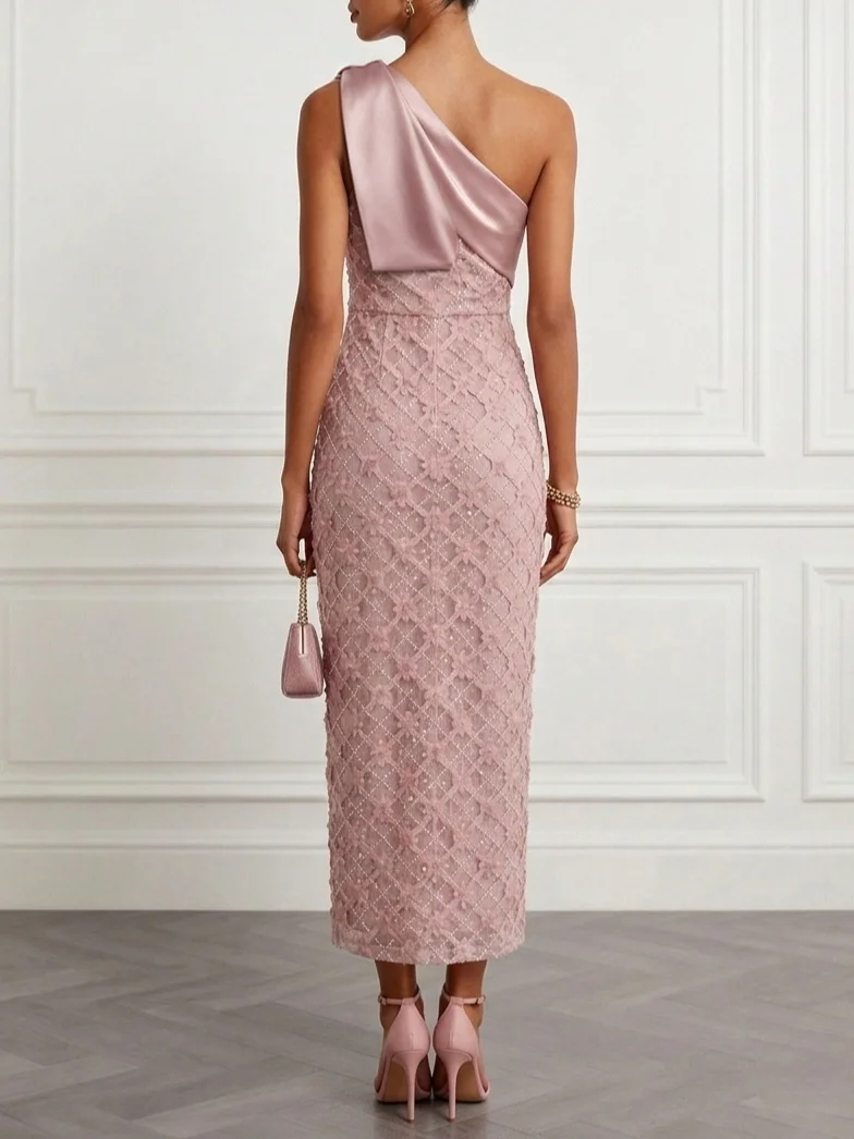 Pink One-Shoulder Satin Bow 3D Floral Sheath Maxi Dress