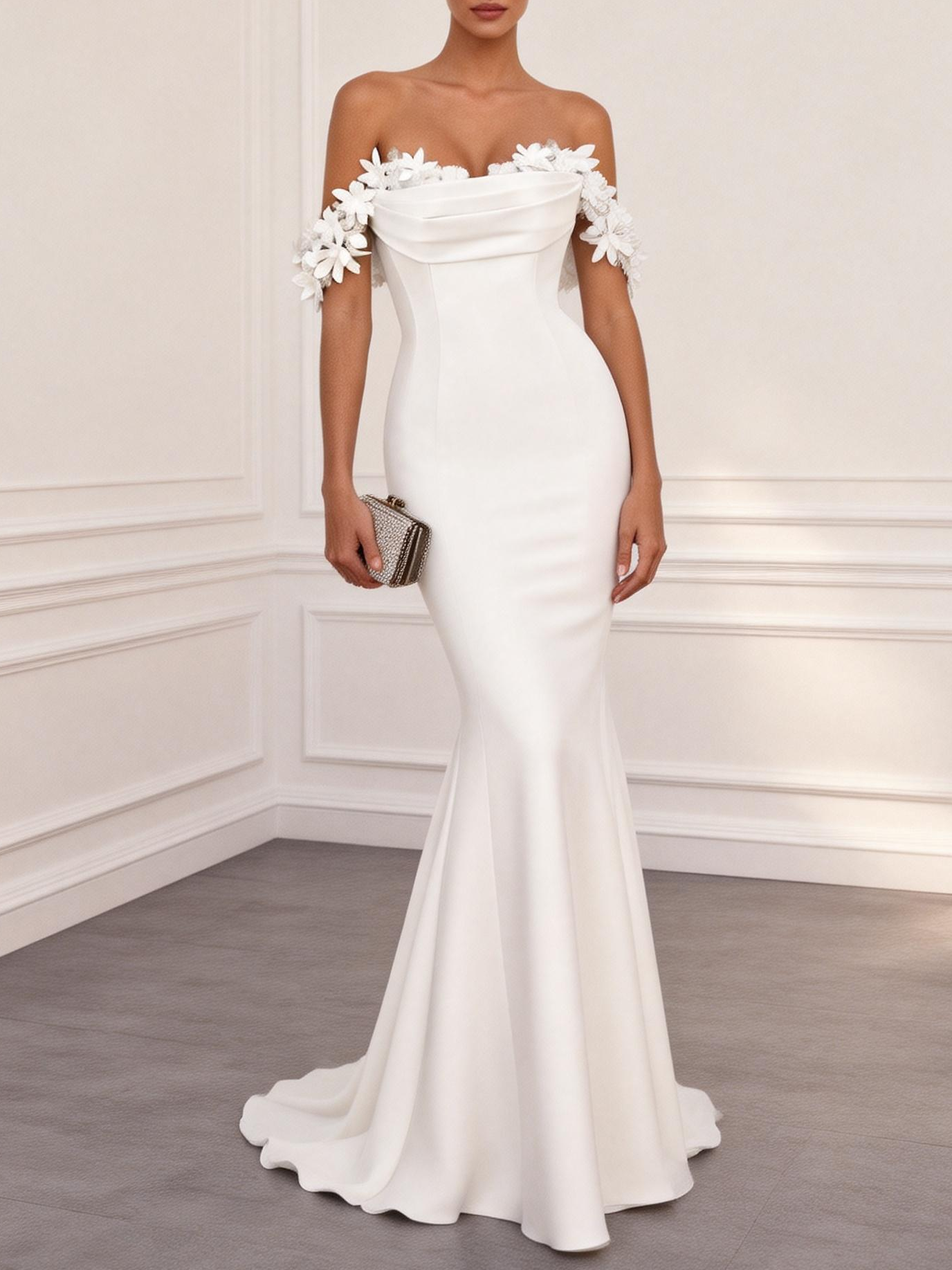 White Off The Shoulder Short Sleeve 3D Floral Ruched Gown Formal Dress