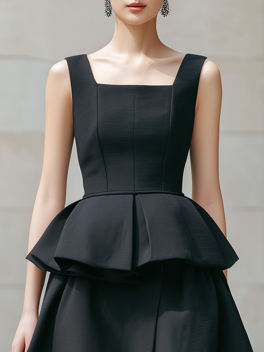Square Neck Peplum Slit Maxi Dress