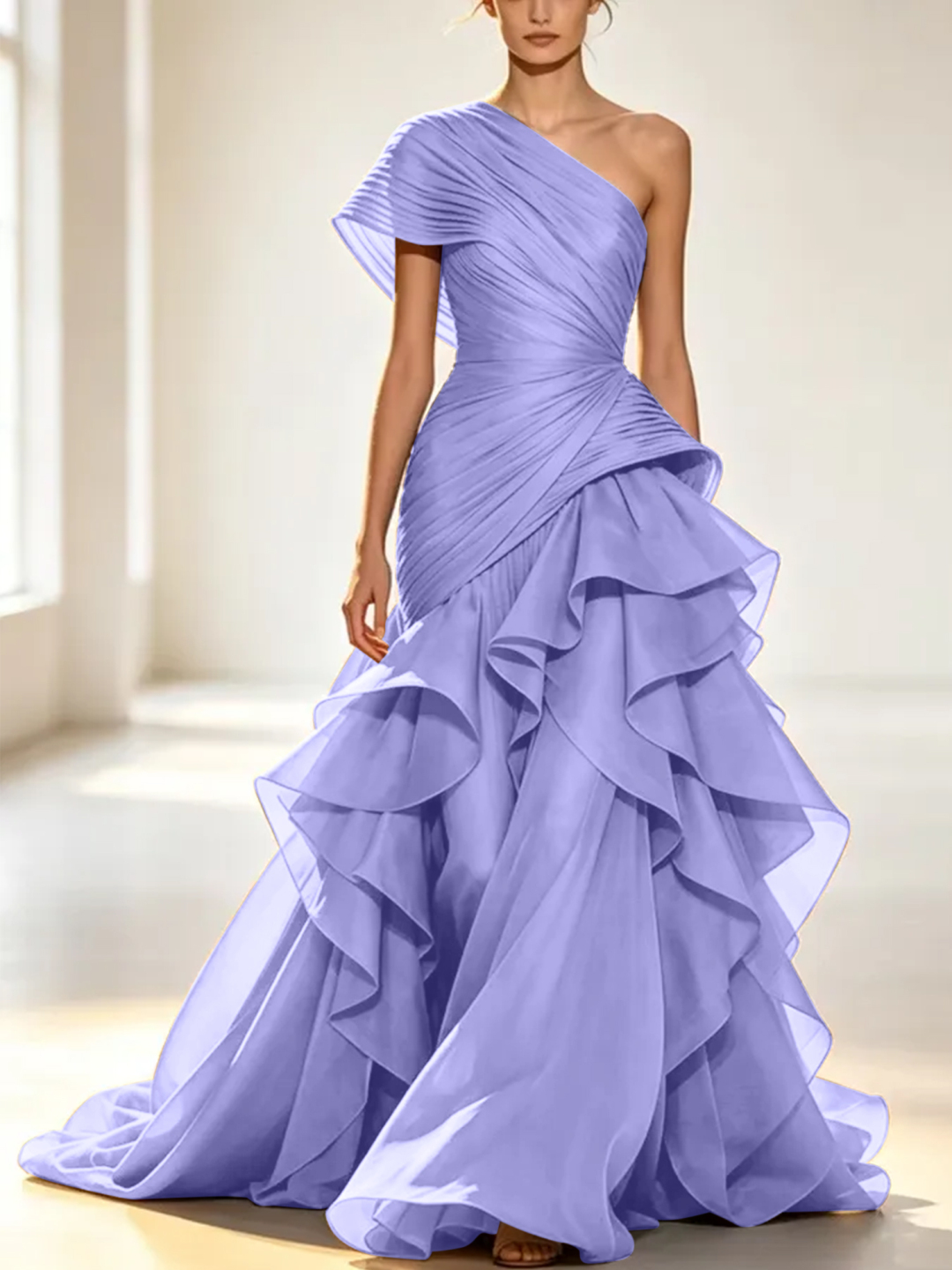 Grey One-Shoulder Pleated Organza Maxi Dress with Tiered Ruffle Skirt