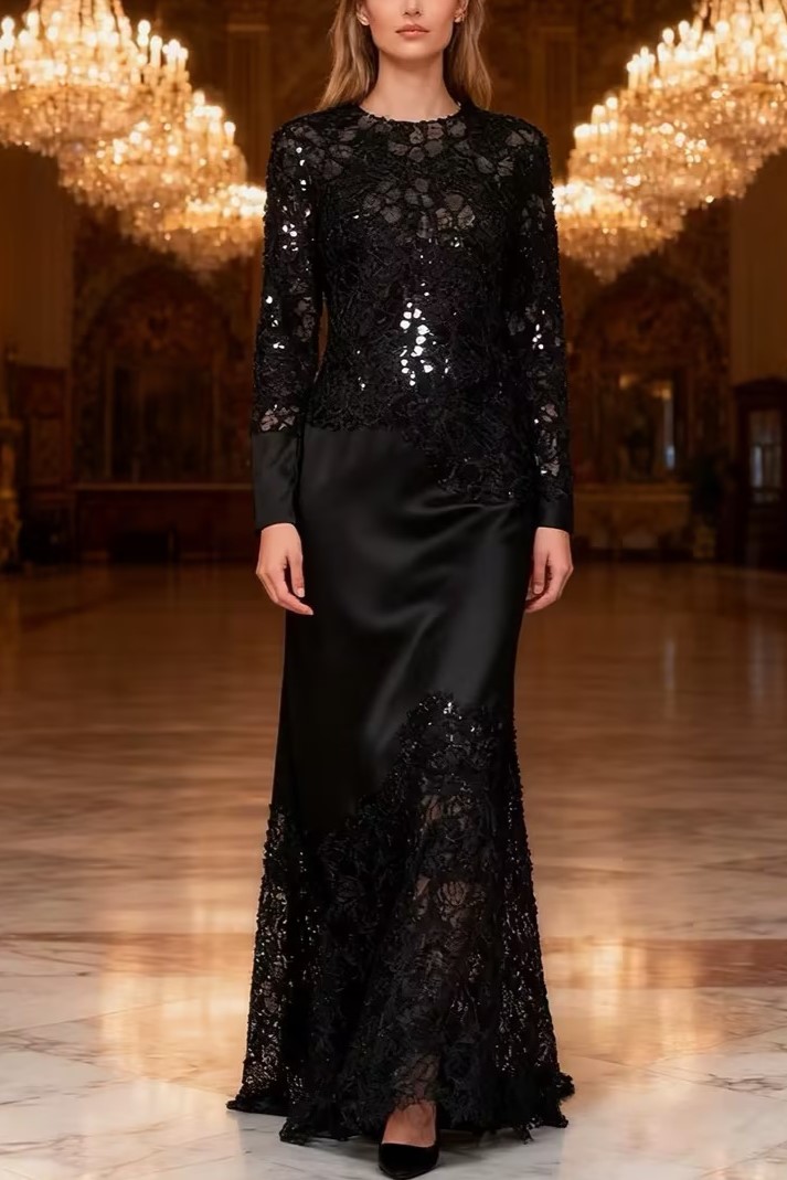 Black Sequin Embroidered Mermaid Evening Dress