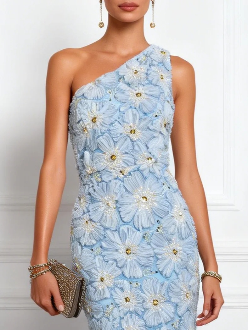 Light Blue Jacquard Beaded 3D Floral Lace One Shoulder Sleeveless Mermaid Gown Dress