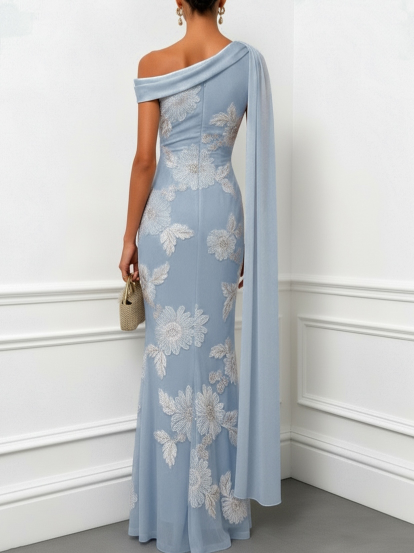 Light Blue 3D Floral Classic One Shoulder Sleeveless Mermaid Floor-length Gown Dress