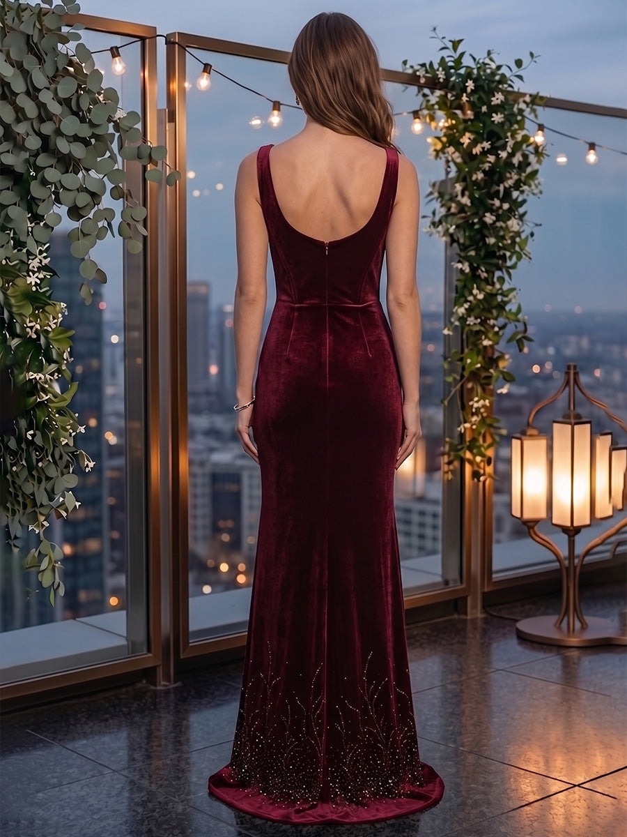 Wine Red Velvet Cowl Neck Corset Evening Dress with Beaded Hem