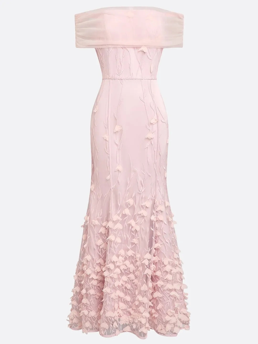 Pink Off-the-Shoulder Satin & Tulle Mermaid Maxi Dress
