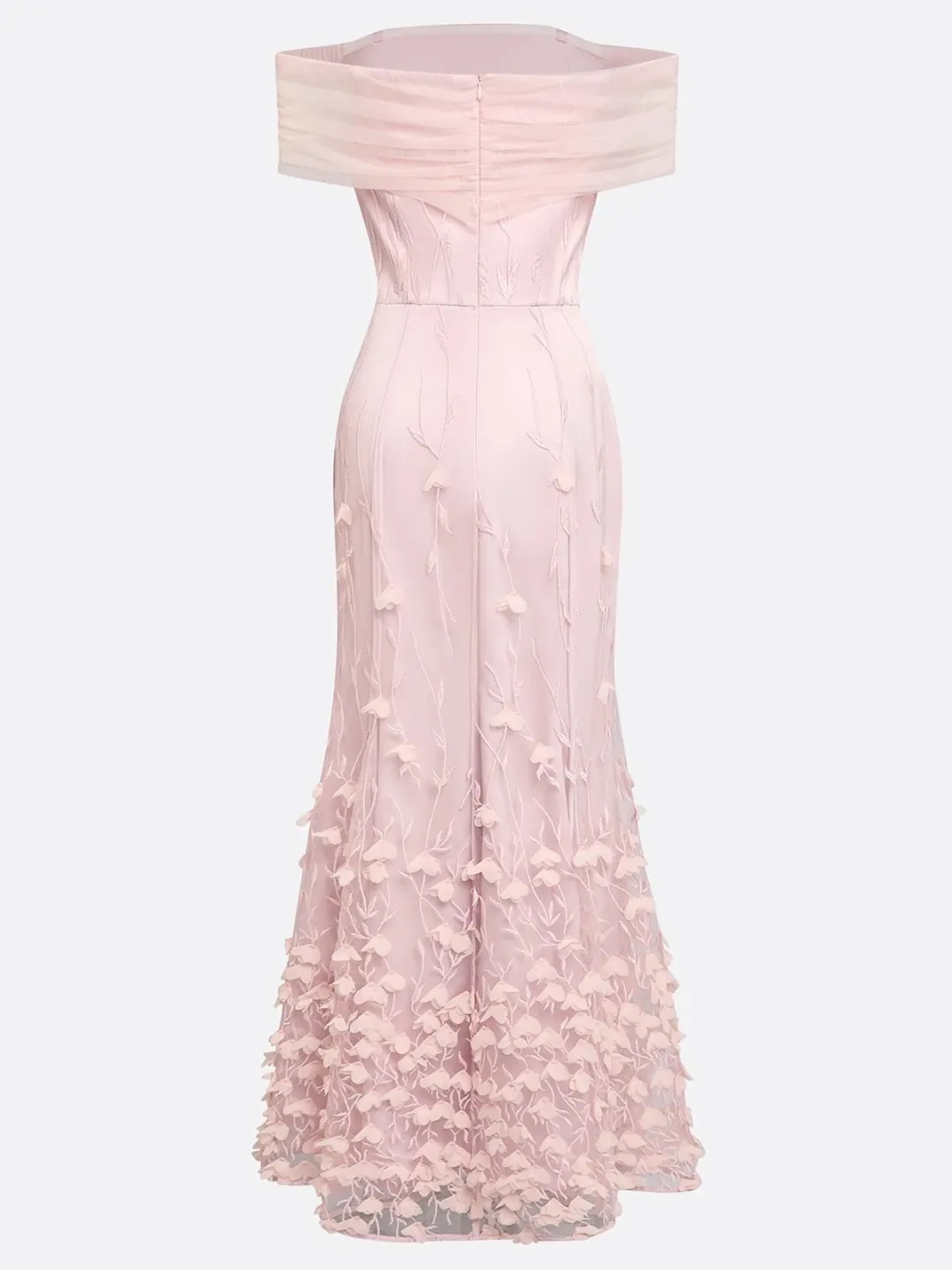 Pink Off-the-Shoulder Satin & Tulle Mermaid Maxi Dress