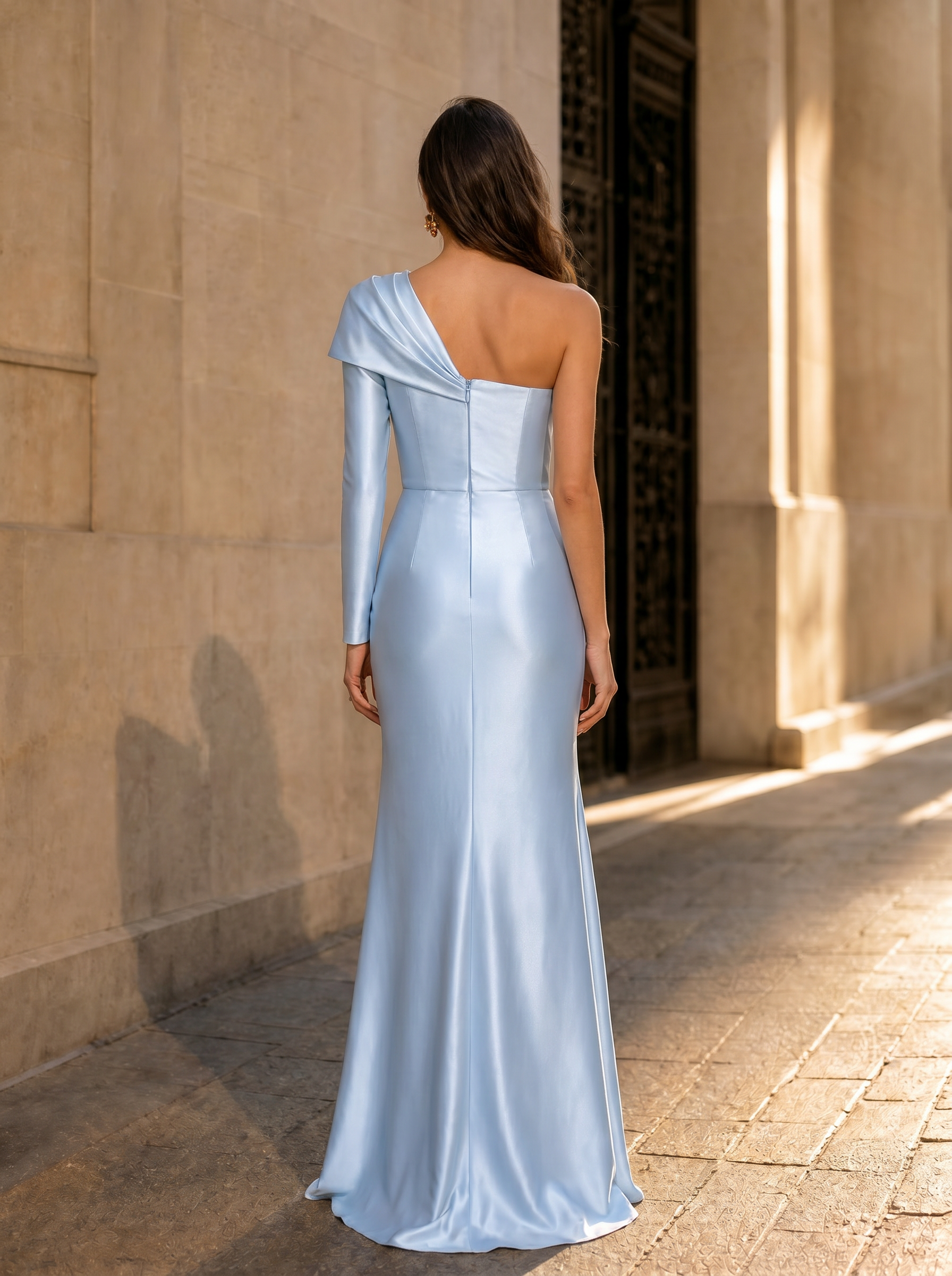 Light Blue Satin One Long Sleeve Twist Slit Mermaid Maxi Dress