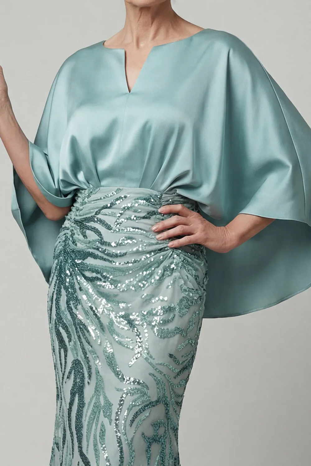 Sage Cape Sleeve Sequin Embellished Mermaid Dress