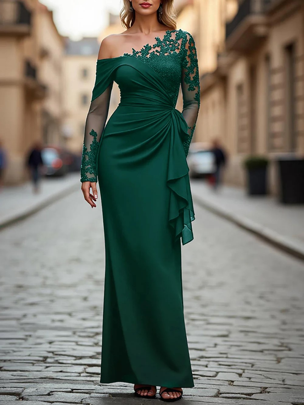 Black Appliques Ruched One Shoulder Long Sleeves Maxi Dress