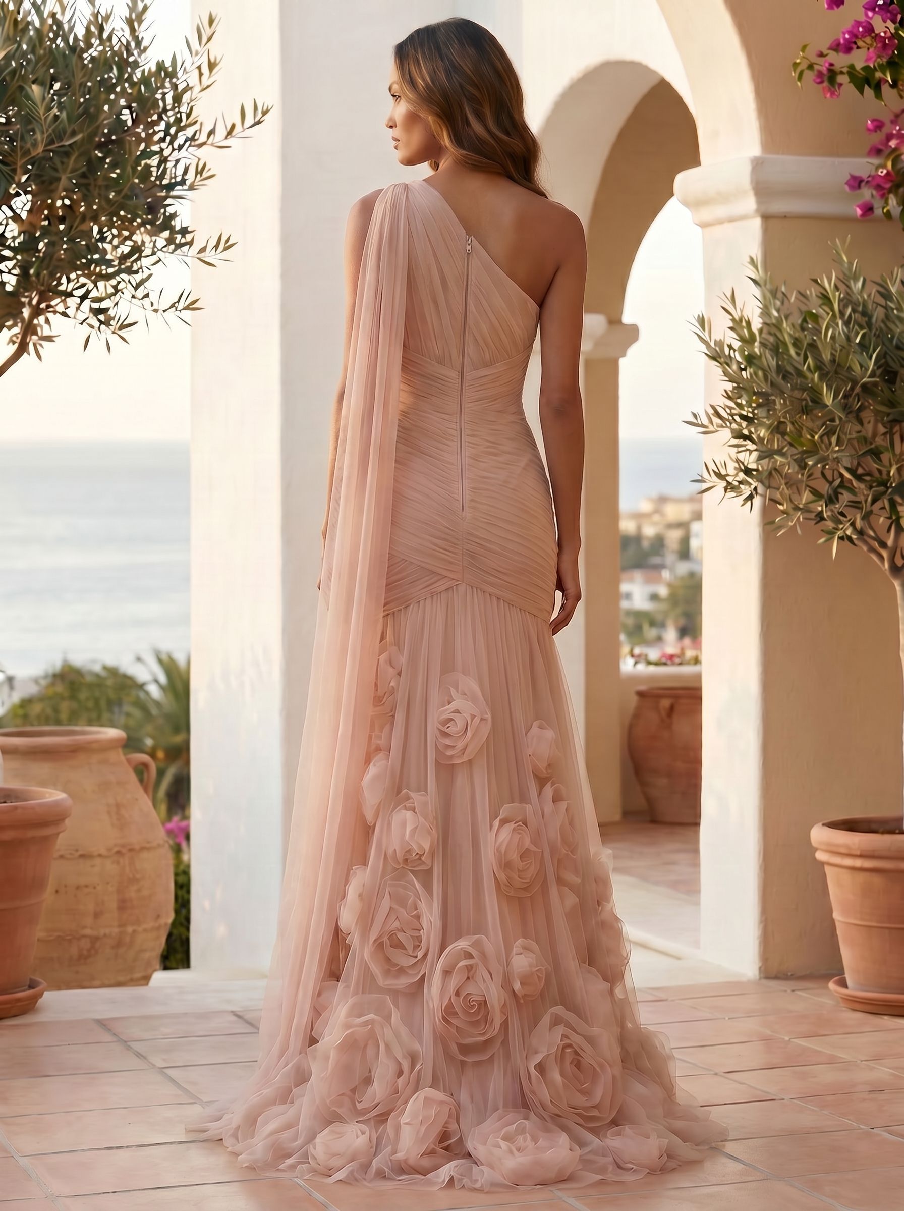 Blush Pink One-Shoulder 3D Floral Tulle Mermaid Gown with Cape