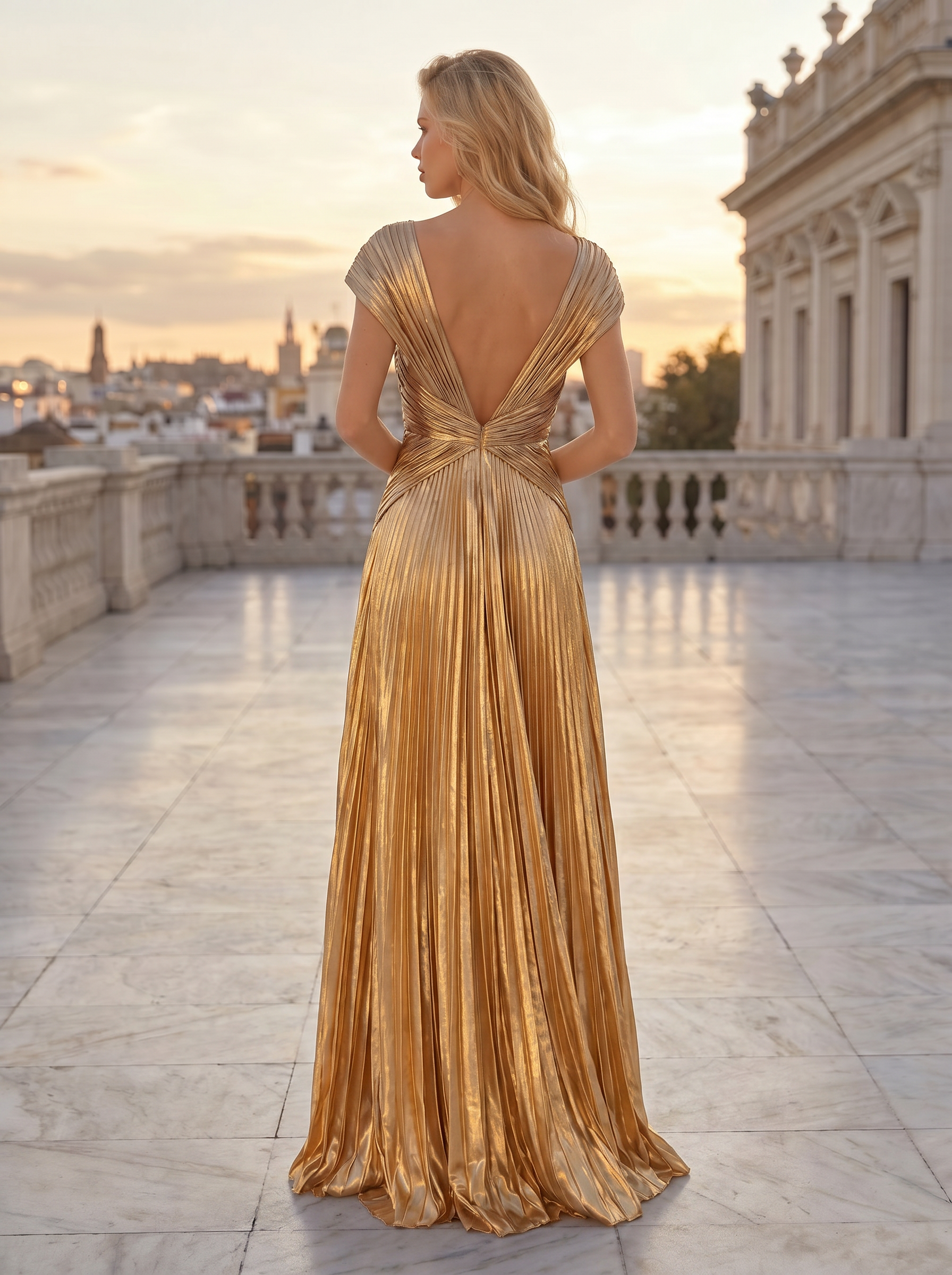 Gold Deep V-Neck Beaded Cap Sleeve Pleated Maxi Dress
