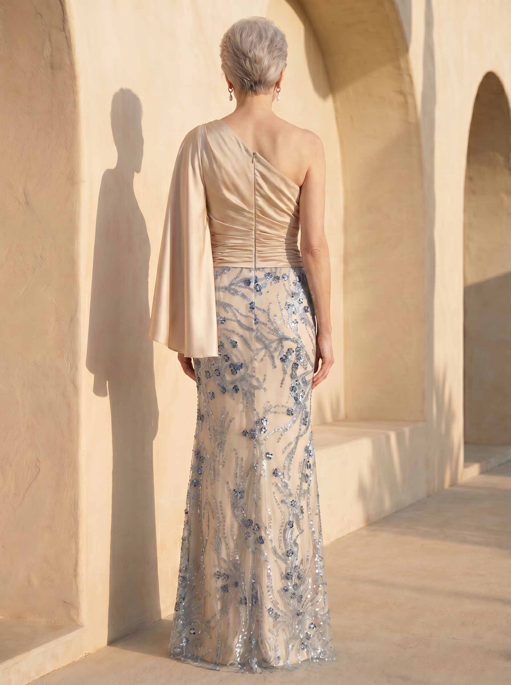 Champagne One-Shoulder Cape Sleeve Satin & Sequin Mermaid Gown