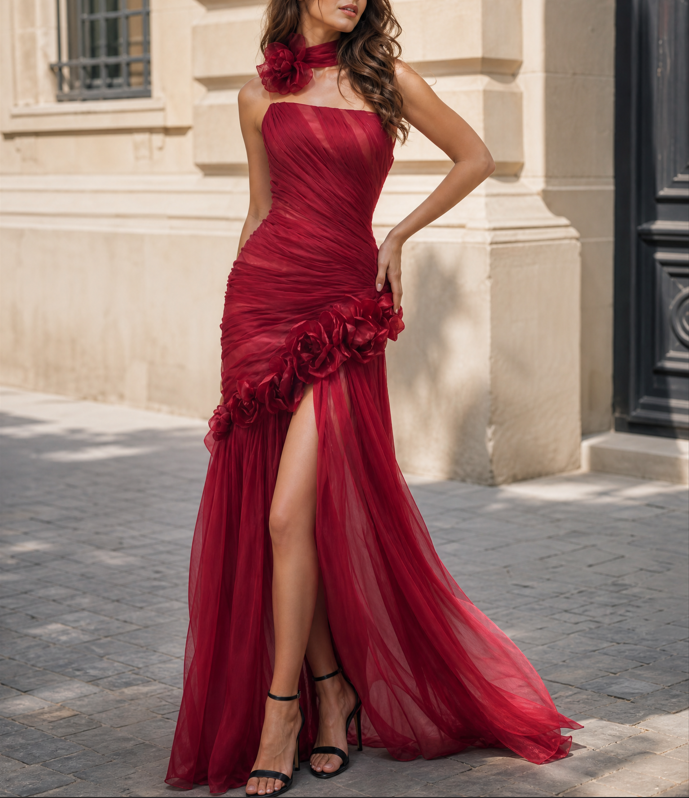 Red Asymmetrical Ruched 3D Floral Tulle High Slit Maxi Dress 
