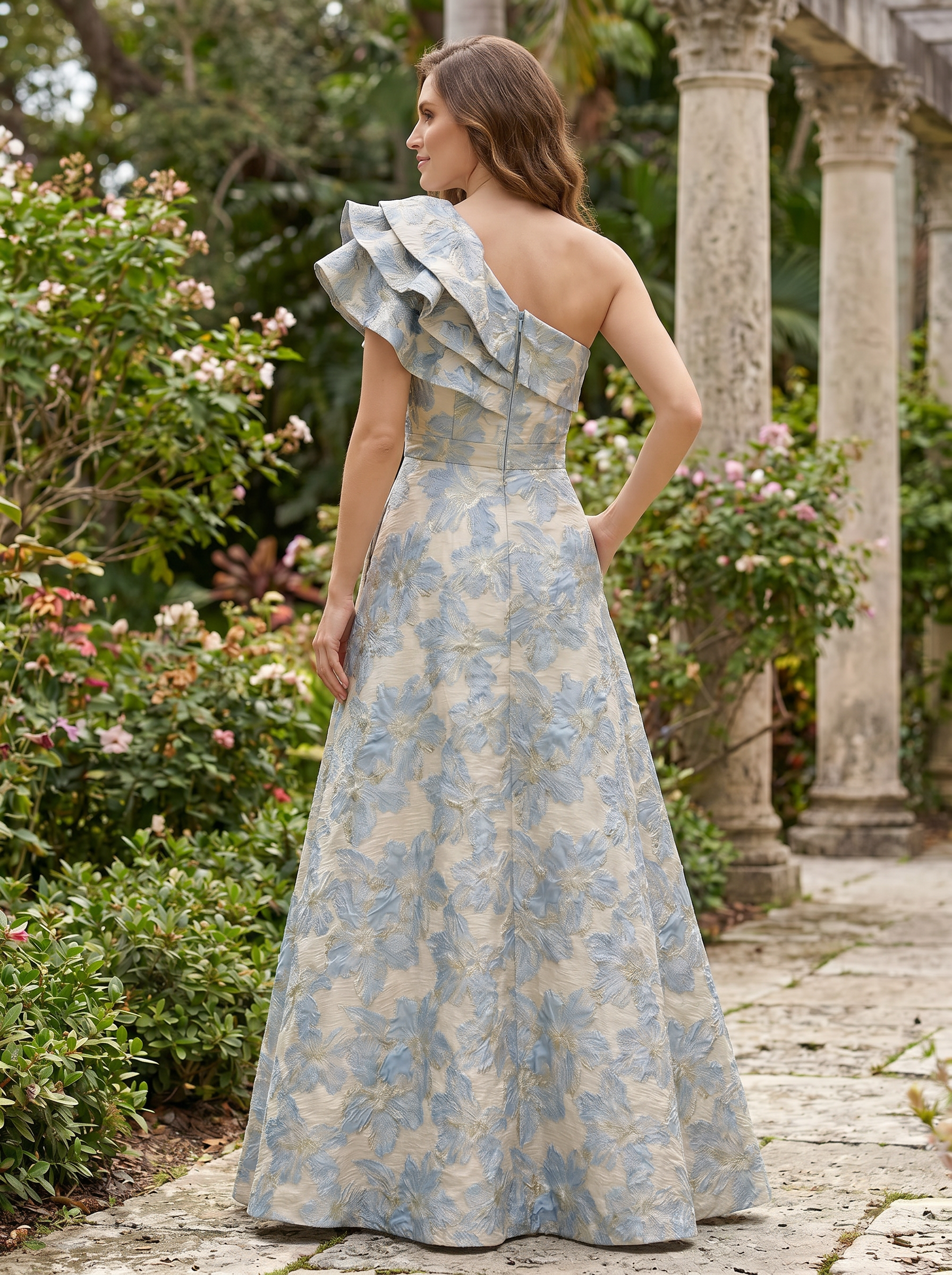 Blue & Beige Floral Jacquard One-Shoulder Ruffle Gown