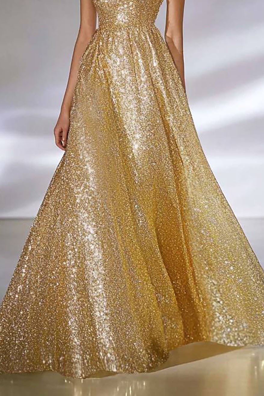 Formal Evening Dress Sequin Strapless Gold Ball Gown Maxi Dress