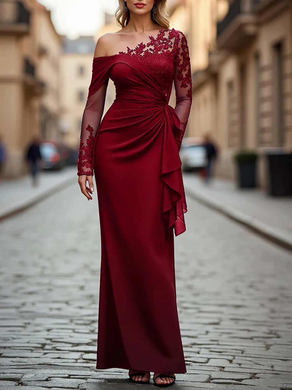 Black Appliques Ruched One Shoulder Long Sleeves Maxi Dress