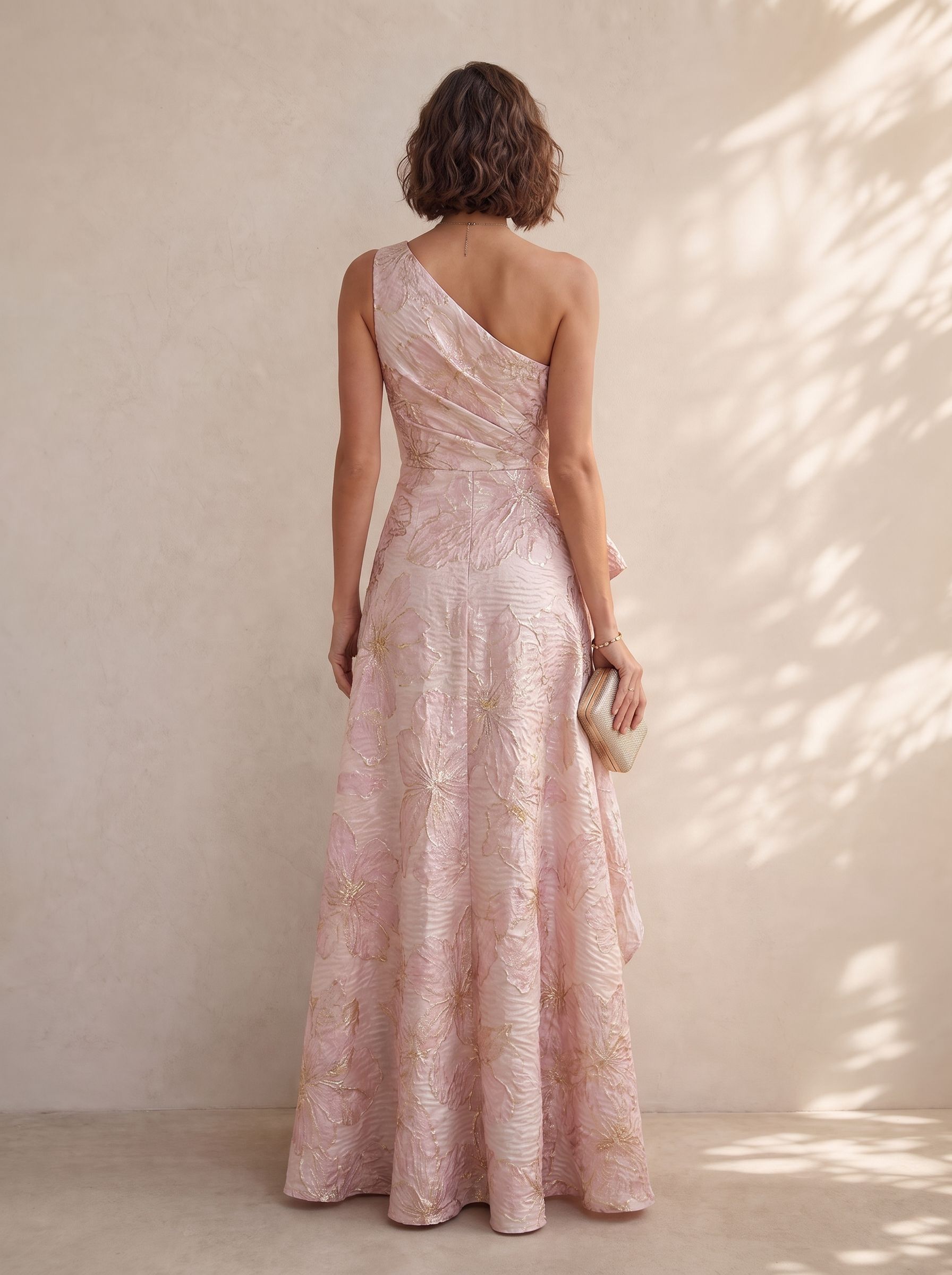 Blush Pink Gold Floral Jacquard One-Shoulder Gown with Cascading Ruffles & High Slit