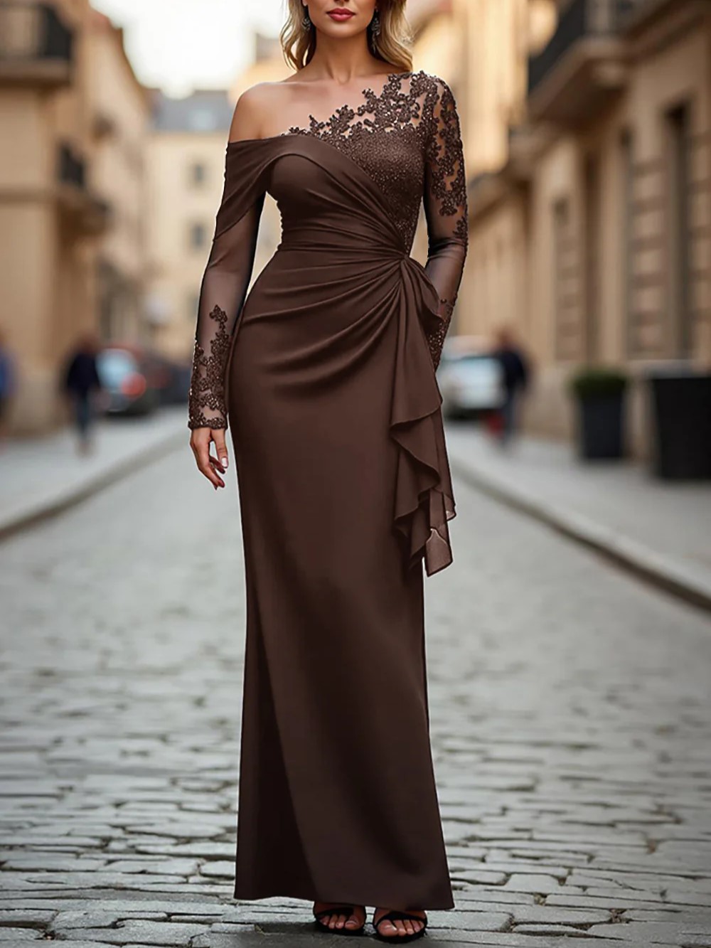 Black Appliques Ruched One Shoulder Long Sleeves Maxi Dress