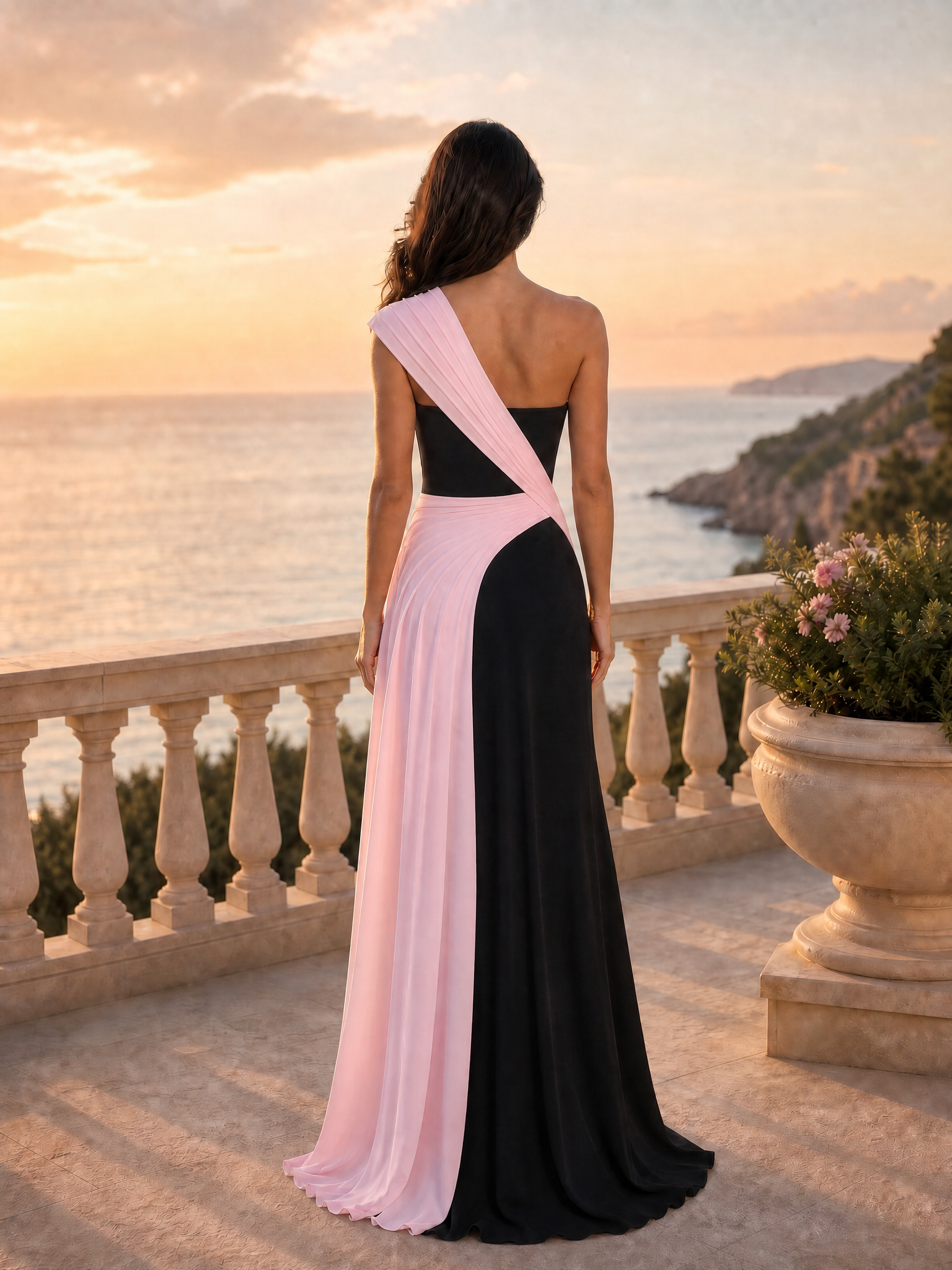 Black Pink Colorblock Pleated One Shoulder Floor Gown