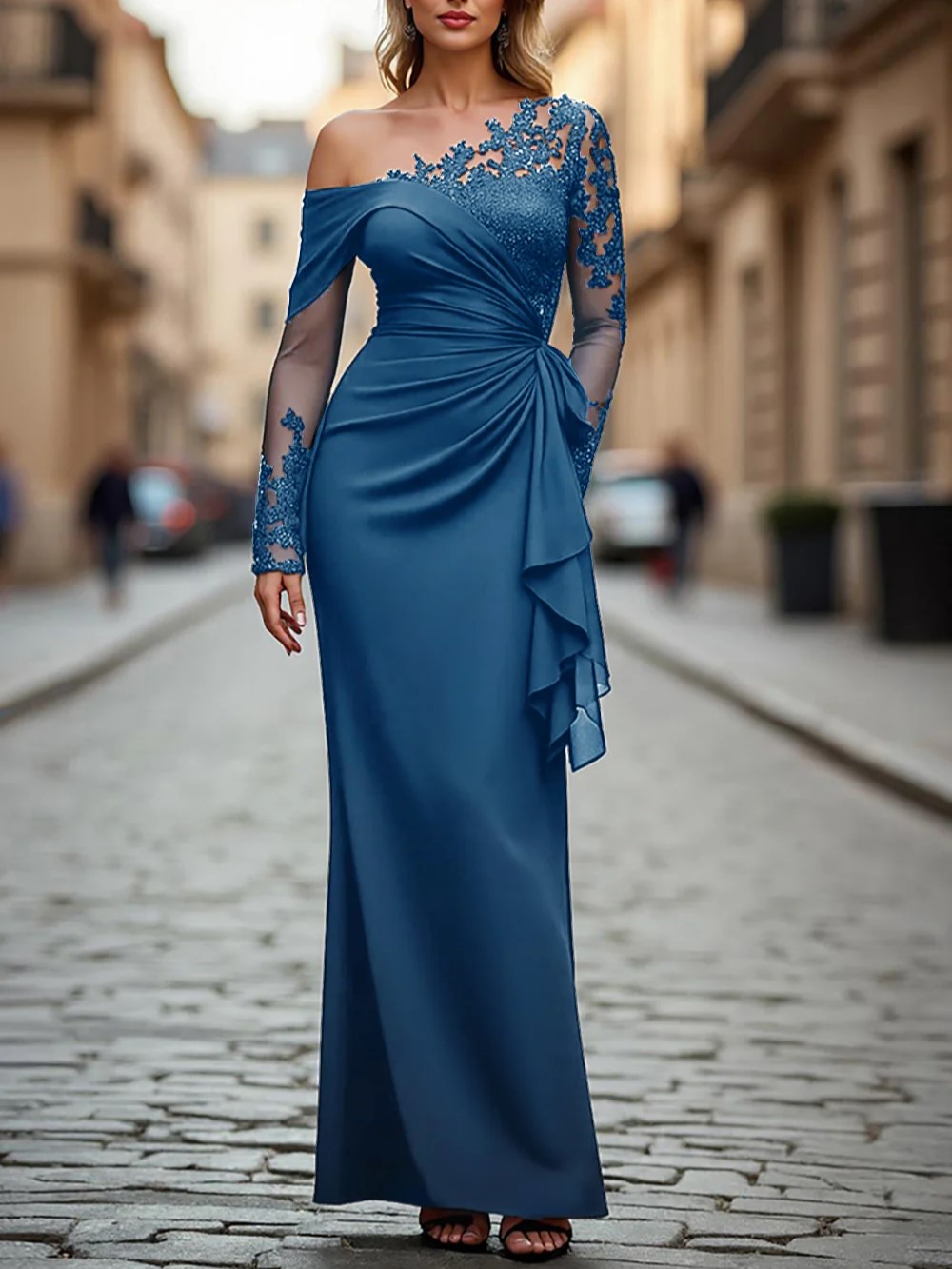 Black Appliques Ruched One Shoulder Long Sleeves Maxi Dress