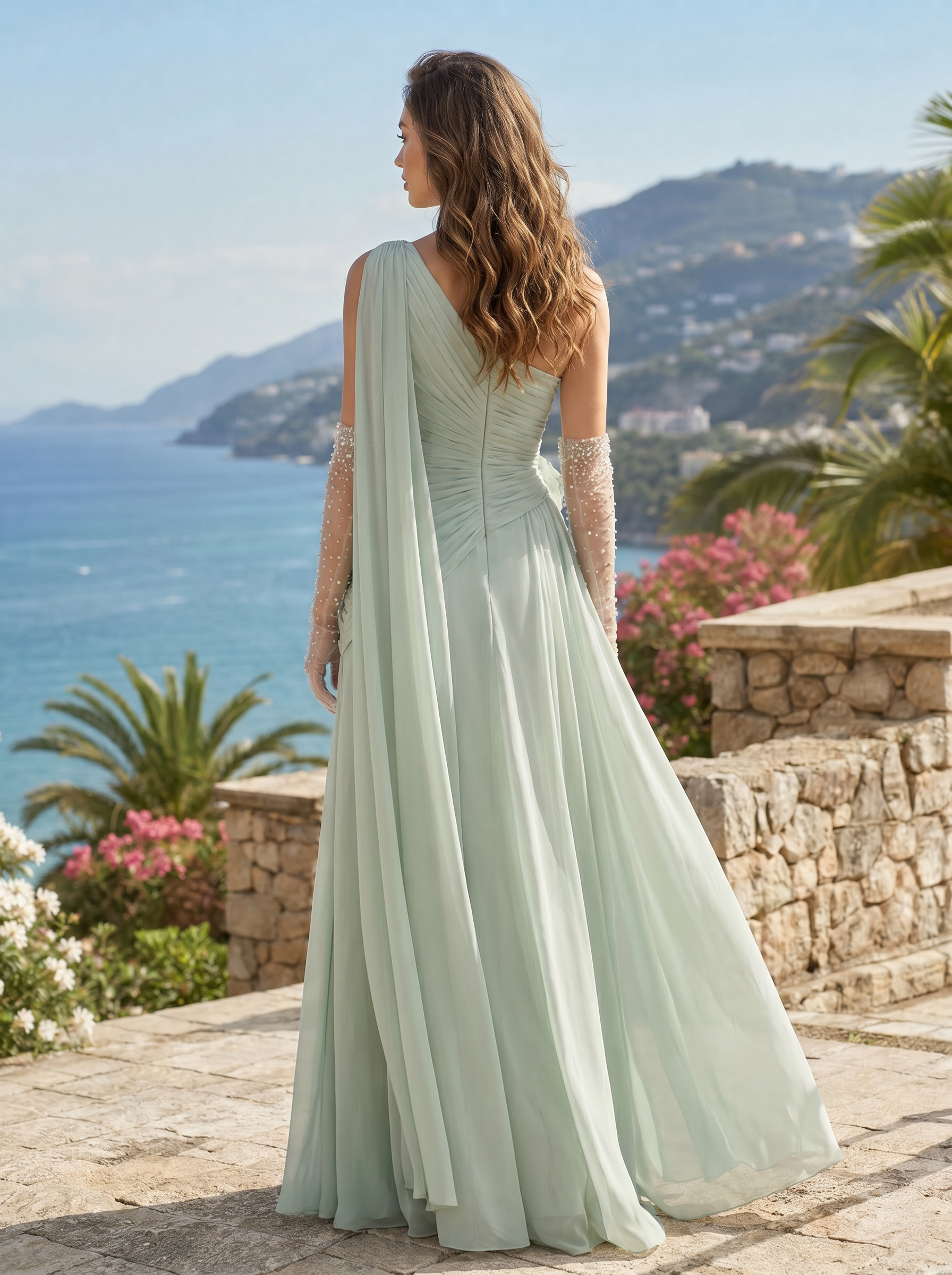 Sage Green One Shoulder Cape 3D Floral Slit Maxi Dress