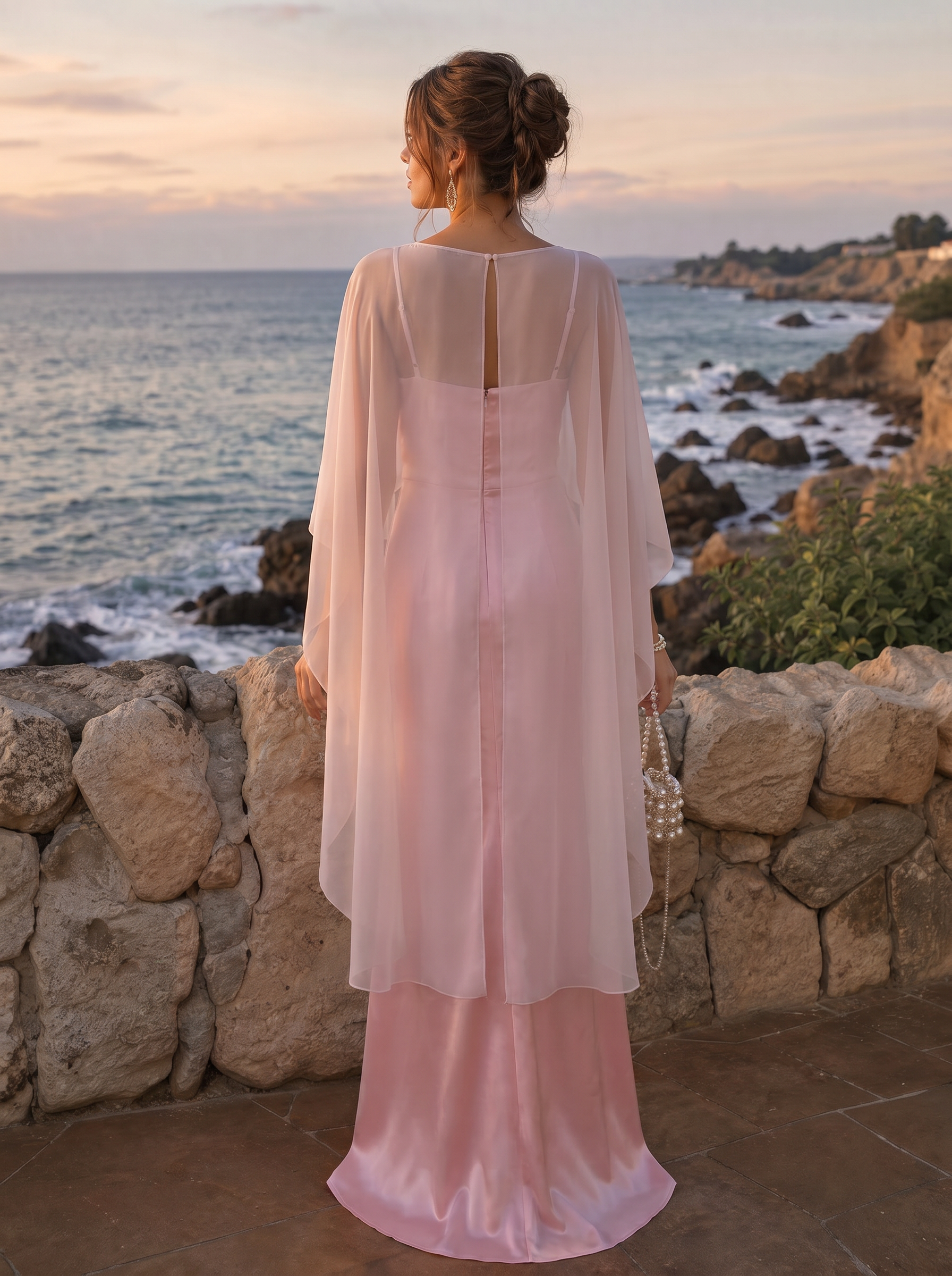 Pink Spaghetti Strap Sheer Cape Overlay Maxi Dress